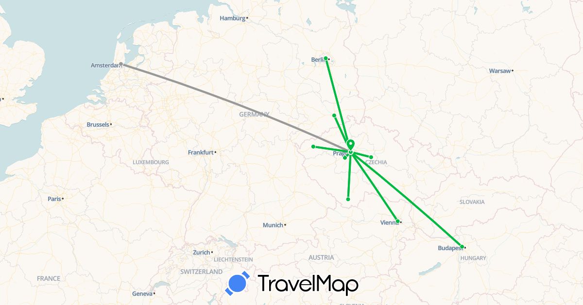 TravelMap itinerary: bus, plane in Austria, Czech Republic, Germany, Hungary, Netherlands (Europe)