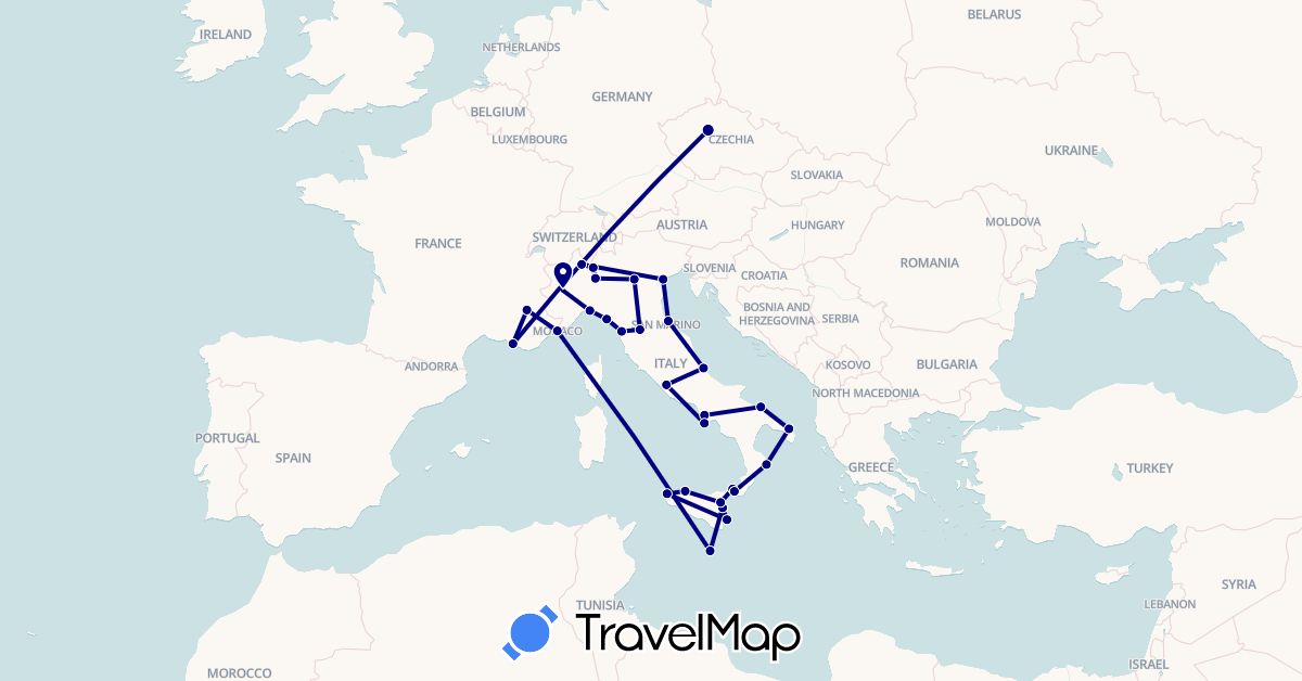TravelMap itinerary: driving in Czech Republic, France, Italy, Monaco, Malta (Europe)